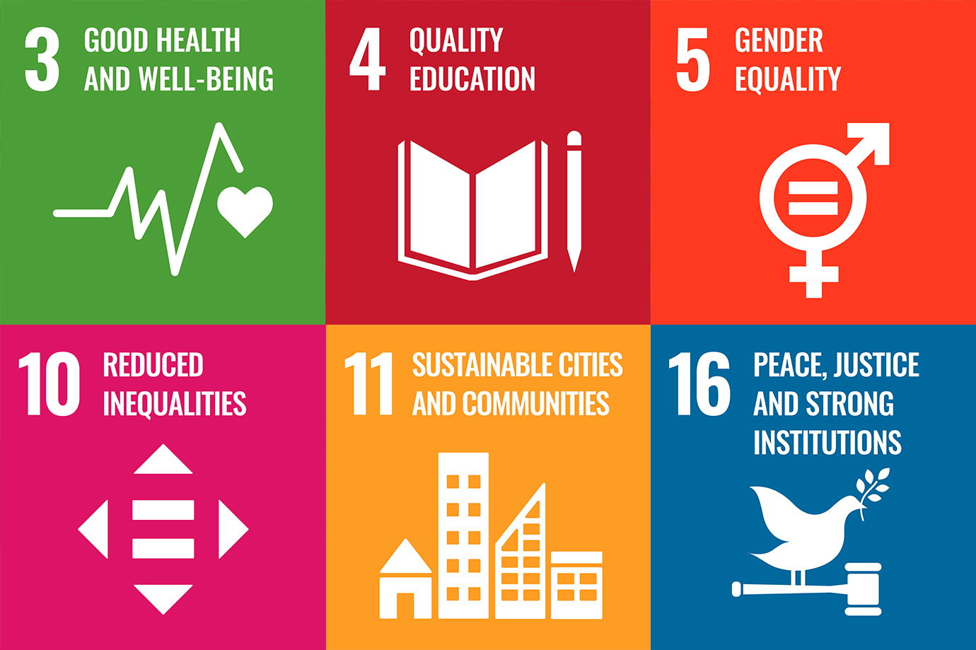 Six of the UN SDG Goals; good health and well-being, quality education, gender equality, reduced inequalities, sustainable cities and communities and peace, justice and strong institutions.